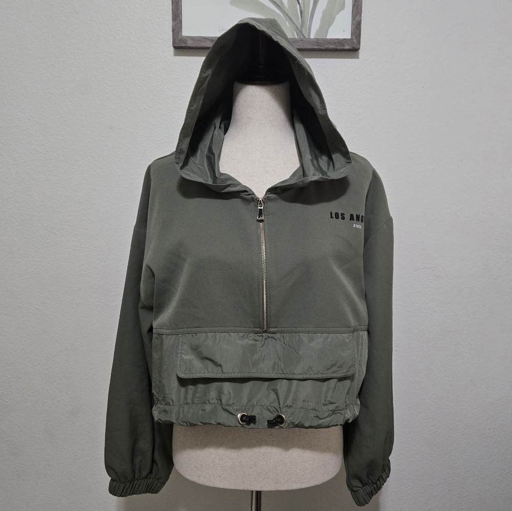 ZARA Olive Green Los Angeles Hoodie Half Zip Cropped Pullover Size Large - Picture 6 of 16